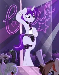Size: 3000x3854 | Tagged: suggestive, alternate version, artist:ghostpikachu, derpibooru import, oc, oc:dreaming star, unofficial characters only, pony, unicorn, base used, bipedal, club, crotch bulge, dancing, high res, horn, image, male, pale belly, party, png, pole, pole dancing, sexy, solo focus, spotlight, stallion, stripper pole, unicorn oc
