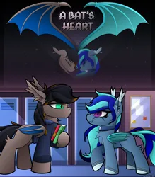Size: 2700x3085 | Tagged: safe, artist:andaluce, derpibooru import, oc, oc:black night, oc:blackie, oc:moonlight selene, unofficial characters only, bat pony, pony, chest fluff, clothes, cover art, cute, duo, ear fluff, ear piercing, earring, facial markings, female, heart, high res, image, jewelry, male, mare, necklace, piercing, png, school, smiling, stallion, wings