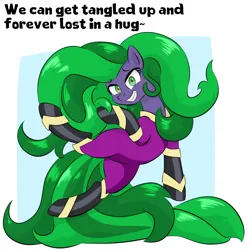 Size: 1000x1000 | Tagged: safe, artist:dendollae, derpibooru import, mane-iac, earth pony, pony, bodysuit, bronybait, clothes, eyelashes, female, g4, grin, image, looking at you, mare, png, simple background, smiling, tentacle hair, text