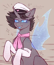 Size: 2850x3460 | Tagged: safe, artist:fallenvixen, derpibooru import, oc, oc:rosie clockwork, unofficial characters only, changeling, pony, blue eyes, clothes, crossdressing, ear fluff, femboy, feminine stallion, glasses, hair, hat, high res, image, male, neckerchief, png, shading, simple background, socks, solo, tongue out, wings
