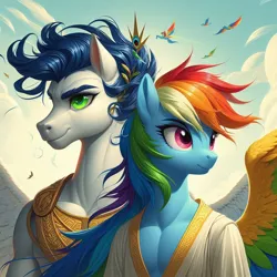 Size: 1024x1024 | Tagged: safe, ai content, derpibooru import, machine learning generated, prompter:*rainbow dash*, rainbow dash, soarin', anthro, clothes, cloud, cloudy, colored wings, female, g4, generator:bing image creator, greek clothes, greek mythology, image, male, png, shipping, soarindash, spread wings, straight, sun, wind, wings