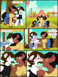 Size: 2048x2728 | Tagged: safe, artist:shallowwin, derpibooru import, oc, oc:benjamin terrance tover, unofficial characters only, earth pony, pegasus, pony, blushing, carnival, circus, clothes, comic, commission, date, dialogue, ear piercing, feral, food, gay, glasses, high res, ice cream, image, male, oc x oc, pegasus oc, piercing, png, shipping, stallion, stallion on stallion, wings