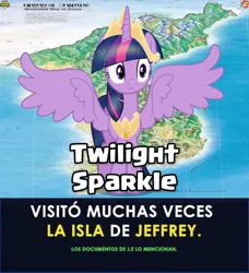 Size: 1080x1182 | Tagged: safe, derpibooru import, twilight sparkle, twilight sparkle (alicorn), alicorn, pony, crown, g4, image, jeffrey epstein, jewelry, jpeg, korea, regalia, spanish, spread wings, text, wings