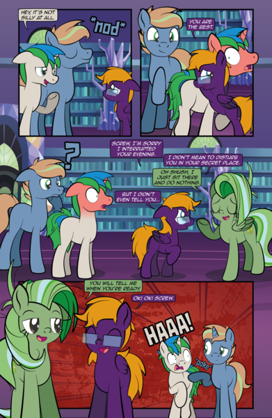 Size: 1920x2948 | Tagged: safe, artist:alexdti, derpibooru import, oc, oc:brainstorm (alexdti), oc:purple creativity, oc:screwpine caprice, oc:star logic, unofficial characters only, pegasus, pony, unicorn, comic:quest for friendship retold, blushing, blushing profusely, female, glasses, hug, image, male, mare, png, stallion, twilight's castle