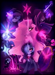 Size: 2587x3515 | Tagged: safe, artist:thewandie, derpibooru import, princess twilight 2.0, twilight sparkle, twilight sparkle (alicorn), oc, oc:glare cross, unofficial characters only, alicorn, pony, unicorn, the last problem, alternate hairstyle, angry, cloak, clothes, crying, curved horn, eyes closed, female, filly, flowing mane, foal, glow, glowing horn, gritted teeth, high res, hoof shoes, horn, image, jewelry, lock, magic, mare, markings, mirror, older, older twilight, older twilight sparkle (alicorn), png, raised hoof, regalia, sad, teeth, wrecked elements