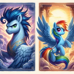 Size: 1024x1024 | Tagged: safe, ai content, derpibooru import, machine learning generated, prompter:*rainbow dash*, rainbow dash, soarin', cloud, cloudy, flying, g4, generator:bing image creator, greek mythology, image, png, sun