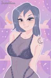 Size: 3376x5185 | Tagged: suggestive, artist:sanechkaa, derpibooru import, princess luna, human, alternate hairstyle, bedroom eyes, belly button, blushing, bra, breasts, clothes, eyeshadow, female, g4, grin, humanized, image, lingerie, makeup, nightgown, panties, png, see-through, smiling, solo, solo female, tattoo, underwear