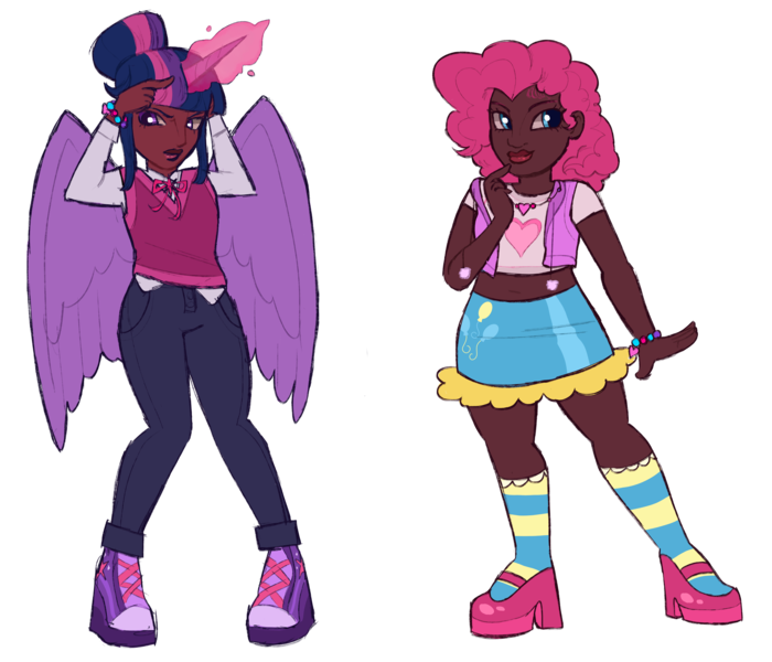 Size: 7000x6000 | Tagged: safe, artist:sheepchops, derpibooru import, pinkie pie, sci-twi, twilight sparkle, human, equestria girls, alicorn humanization, alternate hairstyle, belly button, bracelet, clothes, converse, dark skin, denim, duo, female, g4, high heels, horn, horned humanization, humanized, image, jeans, jewelry, kneesocks, lesbian, midriff, pants, png, shipping, shirt, shoes, simple background, skirt, socks, striped socks, sweater vest, t-shirt, transparent background, twinkie, winged humanization, wings