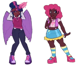 Size: 7000x6000 | Tagged: safe, artist:sheepchops, derpibooru import, pinkie pie, sci-twi, twilight sparkle, human, equestria girls, alicorn humanization, alternate hairstyle, belly button, bracelet, clothes, converse, dark skin, denim, duo, female, g4, high heels, horn, horned humanization, humanized, image, jeans, jewelry, kneesocks, lesbian, midriff, pants, png, ship:twinkie, shipping, shirt, shoes, simple background, skirt, socks, striped socks, sweater vest, t-shirt, transparent background, winged humanization, wings