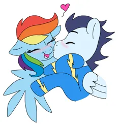 Size: 720x768 | Tagged: safe, artist:dasher666, artist:dimfann, derpibooru import, edit, rainbow dash, soarin', pegasus, pony, clothes, female, g4, image, kiss on the cheek, kissing, male, png, shipping, soarindash, straight, uniform, wonderbolts, wonderbolts uniform