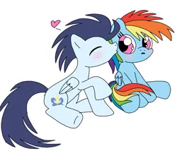 Size: 840x720 | Tagged: safe, artist:dasher666, artist:woogieboboogie, derpibooru import, edit, rainbow dash, soarin', pegasus, pony, colt, colt soarin', female, filly, filly rainbow dash, g4, image, kiss on the cheek, kissing, male, png, shipping, soarindash, straight, younger