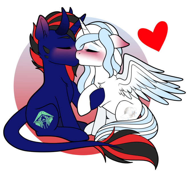 Size: 3519x3184 | Tagged: safe, artist:sevenserenity, derpibooru import, oc, oc:postal, oc:silver moon, unofficial characters only, alicorn, hybrid, pony, unicorn, duo, heart, high res, holding hooves, horns, image, kissing, leonine tail, png, simple background, tail, transparent background, wings