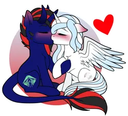 Size: 3519x3184 | Tagged: safe, artist:sevenserenity, derpibooru import, oc, oc:postal, oc:silver moon, unofficial characters only, alicorn, hybrid, pony, unicorn, duo, heart, high res, holding hooves, horns, image, kissing, leonine tail, png, simple background, tail, transparent background, wings