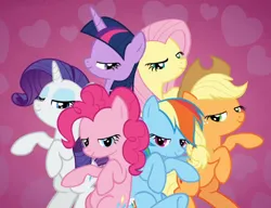 Size: 1072x824 | Tagged: safe, derpibooru import, screencap, applejack, fluttershy, pinkie pie, rainbow dash, rarity, twilight sparkle, twilight sparkle (alicorn), alicorn, earth pony, pegasus, pony, unicorn, all bottled up, best friends until the end of time, bipedal, cropped, g4, group, image, lidded eyes, mane six, png, smiling