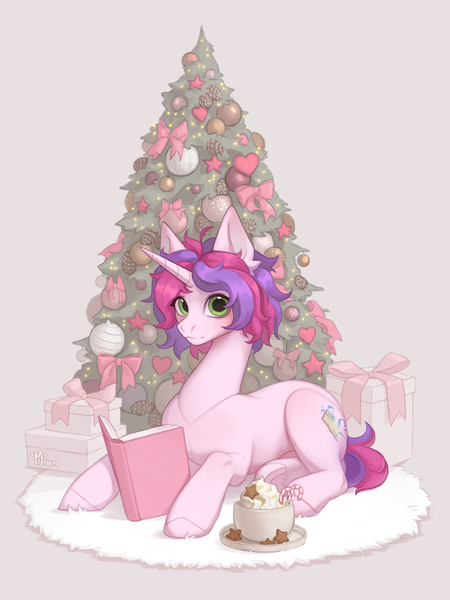 Size: 3000x4000 | Tagged: safe, artist:miurimau, derpibooru import, oc, oc:melody (melodylibris), unofficial characters only, pony, unicorn, book, candy, candy cane, chocolate, christmas, christmas tree, cookie, female, food, gray background, high res, holiday, hot chocolate, image, looking at you, lying down, mare, mug, png, present, prone, simple background, solo, tree, whipped cream