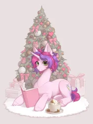 Size: 3000x4000 | Tagged: safe, artist:miurimau, derpibooru import, oc, oc:melody (melodylibris), unofficial characters only, pony, unicorn, book, candy, candy cane, chocolate, christmas, christmas tree, cookie, female, food, gray background, high res, holiday, hot chocolate, image, looking at you, lying down, mare, mug, png, present, prone, simple background, solo, tree, whipped cream