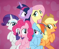 Size: 996x824 | Tagged: safe, derpibooru import, screencap, applejack, fluttershy, pinkie pie, rainbow dash, rarity, twilight sparkle, twilight sparkle (alicorn), alicorn, pony, all bottled up, best friends until the end of time, bipedal, cropped, g4, group, image, mane six, open mouth, png, smiling