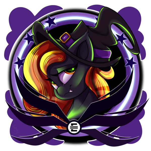 Size: 1500x1500 | Tagged: safe, artist:starcasteclipse, derpibooru import, oc, oc:spirit harvest, unofficial characters only, hybrid, pegasus, pony, bust, commission, ear fluff, fangs, female, halloween, hat, holiday, image, mare, png, simple background, smiling, solo, transparent background, witch hat, ych result