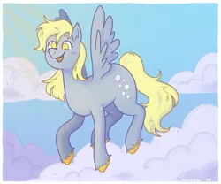 Size: 1800x1500 | Tagged: safe, artist:mokeonn, derpibooru import, derpy hooves, pegasus, pony, blush scribble, blushing, cute, derpabetes, female, flying, g4, image, mare, open mouth, open smile, png, sky background, smiling, solo, unshorn fetlocks