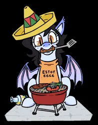 Size: 745x950 | Tagged: safe, artist:jargon scott, derpibooru import, oc, oc:mitzy, unofficial characters only, bat pony, pony, alcohol, apron, bat pony oc, bat wings, black background, bottle, clothes, eeee, fangs, female, food, grill, hat, hot dog, image, jpeg, leek, mare, meat, mouth hold, sausage, simple background, sitting, solo, sombrero, spatula, steak, tequila, wings