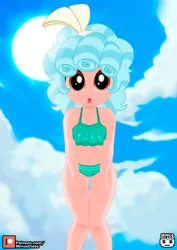 Size: 989x1400 | Tagged: safe, artist:minusclass, derpibooru import, cozy glow, equestria girls, 2d, ankles, belly button, bikini, bikini bottom, bikini top, clothes, cloud, cozybetes, cute, equestria girls-ified, female, g4, image, jpeg, legs, looking at you, looking down, looking down at you, midriff, open mouth, outdoors, patreon, patreon logo, sky, solo, sun, swimsuit