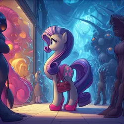 Size: 1024x1024 | Tagged: safe, ai content, derpibooru import, machine learning generated, rarity, alien, alien pony, pony, body horror, clothes, eldritch abomination, eldritch horror, female, g4, high heels, image, jpeg, long neck, mall, monster, nightmare fuel, not rarity, prompter:horselover fat, purse, shoes, shopping, side view, surreal, weird, wrong cutie mark