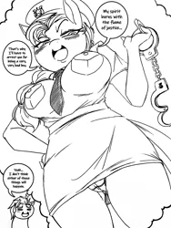 Size: 1500x1999 | Tagged: suggestive, artist:boastudio, derpibooru import, hitch trailblazer, sunny starscout, anthro, earth pony, pony, g5, big breasts, black and white, blushing, breasts, busty sunny starscout, cameltoe, clothes, cuffs, dialogue, female, female focus, grayscale, image, lidded eyes, looking at you, looking down, looking down at you, low angle, male, mare, monochrome, open mouth, open smile, panties, png, police uniform, simple background, skirt, smiling, solo focus, speech bubble, stallion, thought bubble, underwear, upskirt, white background