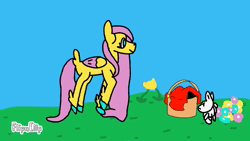 Size: 854x480 | Tagged: safe, artist:thebagelghost, derpibooru import, angel bunny, discord, fluttershy, pegasus, animated, arrow, flapping wings, flower, flying, g4, grass, image, implied discoshy, implied shipping, implied straight, no sound, outdoors, picnic, picnic blanket, signature, table, webm, wings