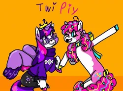 Size: 720x530 | Tagged: safe, artist:thebagelghost, derpibooru import, pinkie pie, twilight sparkle, alternate design, clothes, female, g4, glasses, holding hoof, image, jpeg, lesbian, name, one eye closed, orange background, shipping, simple background, sweater, twinkie, twitterina design, wings, wink