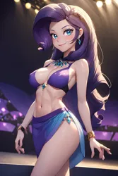 Size: 1536x2304 | Tagged: suggestive, ai content, derpibooru import, editor:sammykun, machine learning generated, rarity, human, equestria girls, belly, belly button, bikini, bikini top, blue eyes, blurry background, bracelet, breasts, busty rarity, cleavage, clothes, g4, human coloration, image, jewelry, jewels, jpeg, long hair, looking at you, midriff, necklace, pose, prompter:sammykun, reasonably sized breasts, request, requested art, ribcage, ribs, runway, sexy, skirt, slender, smiling, stage light, stupid sexy rarity, swimsuit, thin