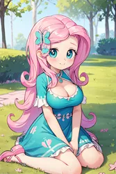Size: 1536x2304 | Tagged: safe, ai content, derpibooru import, machine learning generated, fluttershy, human, equestria girls, adorable face, big breasts, big eyes, breasts, busty fluttershy, cleavage, clothes, cute, dress, forest, forest background, g4, grass, hairpin, human coloration, image, jpeg, kneeling, long hair, looking at you, nature, prompter:sammykun, request, requested art, shyabetes, sitting, smiling, tree
