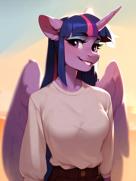 Size: 3072x4096 | Tagged: questionable, ai content, derpibooru import, machine learning generated, stable diffusion, twilight sparkle, twilight sparkle (alicorn), alicorn, anthro, beach, beautiful, belt, blurry background, breasts, clothes, g4, generator:pony diffusion v6 xl, generator:purplesmart.ai, image, jpeg, long sleeved shirt, long sleeves, looking at you, lovely, prompter:frw, reasonably sized breasts, shirt, smiling, solo, white shirt