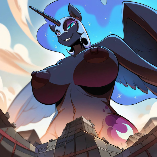 Size: 3072x3072 | Tagged: questionable, ai content, derpibooru import, machine learning generated, stable diffusion, nightmare moon, alicorn, anthro, areola, aroused, belly button, big areola, big breasts, big nipples, breasts, city, curvy, erect nipples, female, g4, generator:purplesmart.ai, giantess, giga, horn, image, jewelry, jpeg, looking down, macro, nipples, nudity, prompter:argusx, puffy areolas, puffy nipples, regalia, smiling, wings