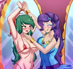 Size: 620x586 | Tagged: suggestive, artist:thebrokencog, derpibooru import, rarity, wallflower blush, human, equestria girls, areola, breasts, busty rarity, busty wallflower blush, clothes, commission, duo, duo female, female, g4, humanized, image, lesbian, png, rarity peplum dress