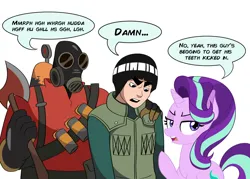 Size: 2048x1463 | Tagged: safe, artist:sardonicfactory, derpibooru import, starlight glimmer, human, pony, unicorn, axe, crossover, dialogue, female, g4, hand on shoulder, i think we're gonna have to kill this guy, image, jpeg, mare, meme, naruto, naruto: shippūden, pyro, reformed starlight, rock lee, simple background, team fortress 2, weapon, white background