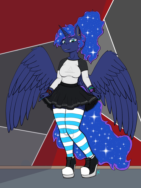 Size: 1536x2048 | Tagged: safe, artist:raw16, derpibooru import, princess luna, alicorn, anthro, boots, bracelet, bracer, clothes, converse, ear piercing, female, g4, high heel boots, high heel sneakers, horn, image, jewelry, lipstick, long sleeved shirt, long sleeves, looking at you, makeup, piercing, pleated skirt, png, samsung, shiny mane, shirt, shoes, skirt, skirt lift, smiling, sneakers, socks, solo, striped socks, watch, wings, wristband, wristwatch, zettai ryouiki