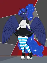 Size: 1536x2048 | Tagged: safe, artist:raw16, derpibooru import, princess luna, alicorn, anthro, boots, bracelet, bracer, clothes, converse, ear piercing, female, g4, high heel boots, high heel sneakers, horn, image, jewelry, lipstick, long sleeved shirt, long sleeves, looking at you, makeup, piercing, pleated skirt, png, samsung, shiny mane, shirt, shoes, skirt, skirt lift, smiling, sneakers, socks, solo, striped socks, watch, wings, wristband, wristwatch, zettai ryouiki