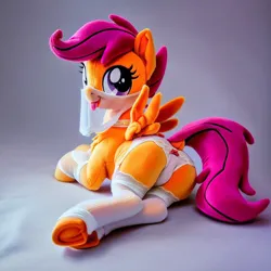 Size: 1024x1024 | Tagged: suggestive, ai content, derpibooru import, machine learning generated, scootaloo, pegasus, pony, butt, clothes, female, filly, foal, foalcon, g4, hooves, image, lingerie, lying down, plot, plushie, png, prone, spread wings, tongue out, underage, wings
