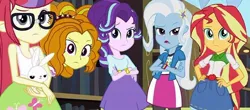 Size: 750x331 | Tagged: safe, derpibooru import, edit, edited screencap, screencap, adagio dazzle, moondancer, starlight glimmer, sunset shimmer, trixie, equestria girls, applejack's clothes, clothes swap, equestria girls-ified, fluttershy's clothes, g4, image, jpeg, pinkie pie's clothes, rainbow dash's clothes, rarity's clothes