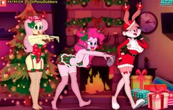 Size: 943x600 | Tagged: suggestive, artist:uzzi-ponydubberx, derpibooru import, fluttershy, pinkie pie, human, equestria girls, babs bunny, breasts, busty fluttershy, busty pinkie pie, christmas, christmas stocking, christmas tree, clothes, crossover, femsub, fluttersub, g4, holiday, hypno eyes, hypnosis, hypnotized, image, jpeg, lingerie, looney tunes, patreon, patreon logo, pinkiesub, sexy, stupid sexy fluttershy, stupid sexy pinkie, submissive, tongue out, tree