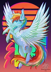 Size: 1614x2283 | Tagged: safe, artist:samadriel, derpibooru import, rainbow dash, pegasus, pony, blue coat, ear fluff, ear tufts, feathered wings, fetlock tufts, g4, image, multicolored hair, on hind legs, pegasus wings, png, rainbow hair, rainbow tail, retrowave, smiling, solo, spread wings, sunglasses, tail, wings