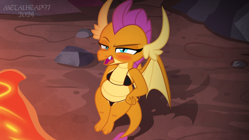 Size: 1280x720 | Tagged: suggestive, alternate version, artist:metalhead97, derpibooru import, smolder, dragon, aerial view, annoyed, beach, butt, clothes, cute, dragon lands, dragoness, female, g4, hand on hip, image, lava, legs, lidded eyes, looking at you, looking up, png, show accurate, slightly chubby, smolderbetes, smolderriere, swimsuit