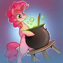 Size: 830x830 | Tagged: safe, artist:starloo, derpibooru import, pinkie pie, earth pony, pony, cauldron, female, grin, image, leaning, mare, pinkie's brew, png, smiling, solo, table