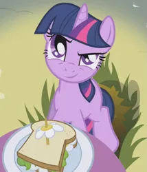 Size: 595x694 | Tagged: safe, derpibooru import, edit, edited screencap, editor:twilyisbestpone, screencap, twilight sparkle, pony, unicorn, season 1, the ticket master, cropped, daffodil and daisy sandwich, female, food, g4, image, inverted mouth, mare, png, rain, sandwich, smiling, solo, unicorn twilight