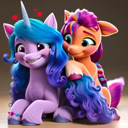 Size: 4096x4096 | Tagged: safe, ai content, derpibooru import, machine learning generated, prompter:catu, stable diffusion, izzy moonbow, sunny starscout, earth pony, pony, unicorn, g5, absurd resolution, adorable face, blushing, chest fluff, crying, cuddling, cute, daaaaaaaaaaaw, duo, duo female, female, floating heart, floppy ears, generator:pony diffusion v6 xl, generator:purplesmart.ai, heart, image, izzybetes, laughing, lesbian, looking at each other, looking at someone, mane stripe sunny, mare, png, ship:moonscout, shipping, smiley face, smiling, smiling at each other, sunnybetes, tears of laughter, tickling, unshorn fetlocks
