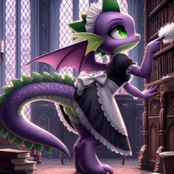 Size: 1024x1024 | Tagged: safe, ai content, derpibooru import, machine learning generated, spike, dragon, book, bookshelf, butt, clothes, crossdressing, dragon tail, dragon wings, duster, dusting, femboy spike, g4, generator:dall-e 3, image, indoors, jpeg, lusty baby dragon maid, maid, maid spike, male, prompter:tyto4tme4l, solo, tail, window, winged spike, wings
