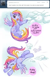 Size: 638x978 | Tagged: safe, artist:centchi, derpibooru import, oc, oc:glittering cloud, unofficial characters only, pegasus, pony, ask, bucking, cloud, cloud busting, eyes closed, image, open mouth, open smile, png, smiling, speech bubble