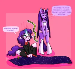 Size: 1768x1624 | Tagged: safe, artist:paiganism, derpibooru import, rarity, twilight sparkle, pony, semi-anthro, unicorn, suited for success, bucktooth, clothes, constellation dress, duo, fabric, female, glasses, image, mare, measuring tape, png, rarity's glasses, sitting, speech bubble, stars