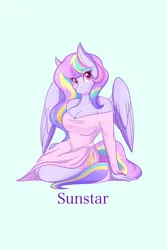 Size: 1365x2048 | Tagged: safe, artist:mscolorsplash, derpibooru import, oc, oc:sunstar, unofficial characters only, anthro, pegasus, bare shoulders, blue background, breasts, cleavage, clothes, dress, image, jpeg, kneeling, light blue background, name, simple background, solo
