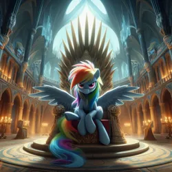 Size: 1024x1024 | Tagged: safe, ai content, derpibooru import, machine learning generated, rainbow dash, pegasus, pony, generator:dall-e 3, image, jpeg, throne, throne room